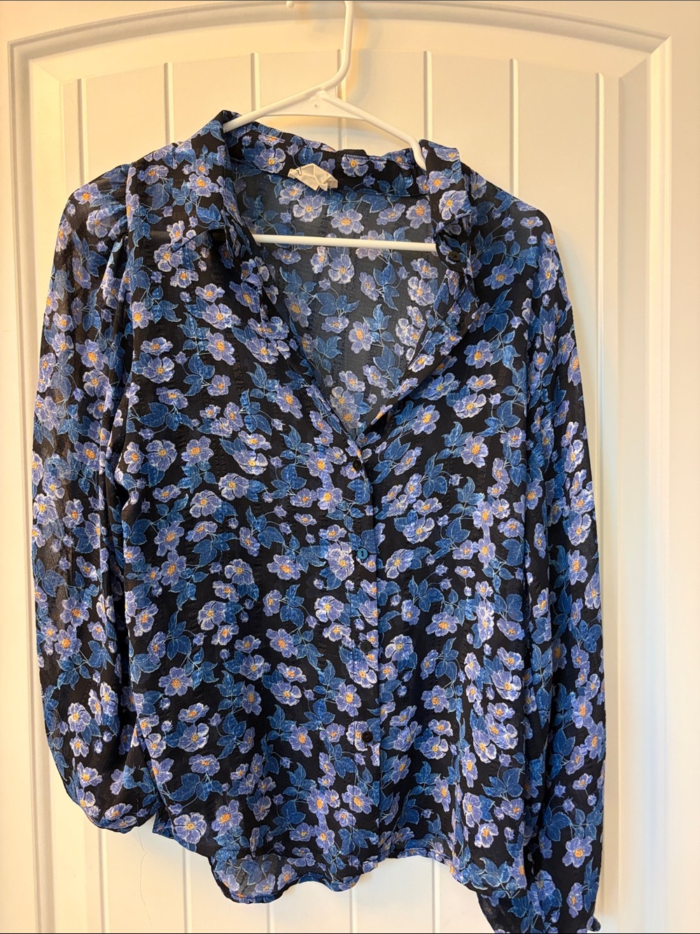 Blue Floral V-Neck Button Front Blouse